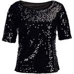 Schwarze Elegante Langärmelige V-Ausschnitt T-Shirts mit Glitzer aus Spitze für Damen Übergrößen für Partys für den für den Sommer 