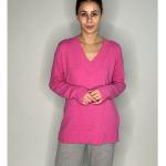 Pinke Unifarbene Casual Langärmelige Zuckerwatte V-Ausschnitt Kaschmir-Pullover mit Kapuze für Damen Größe L für den für den Herbst 